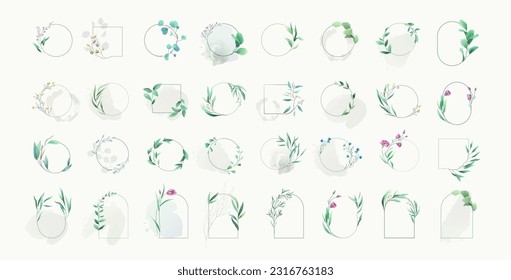 Set of luxury green leaves and flowers elements in watercolor style. Aquarelle trendy greenery branches and frame. Vector isolated on white background for Invitation, greeting card, save the date.