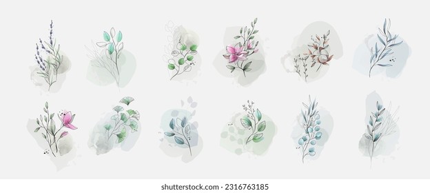 Set of luxury green leaves and flowers elements in watercolor and ink style. Aquarelle and line branches and blooming. Vector isolated on white background for Invitation, greeting card, save the date.