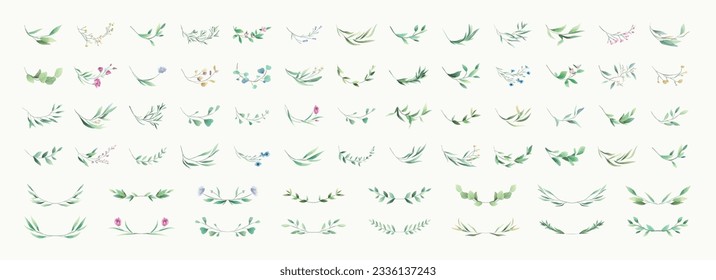 Set of luxury green leaves and flowers elements in watercolor style. Aquarelle trendy greenery branches and blooming. Vector isolated on white background for Invitation, greeting card, save the date.