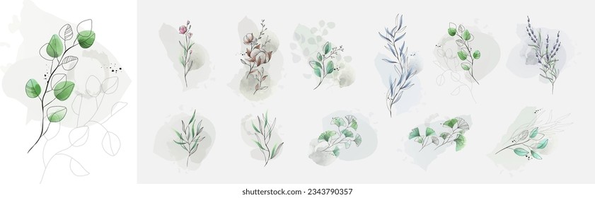 Conjunto de hojas verdes de lujo y elementos florales en acuarela y estilo de tinta. Aquarelle y ramas de línea y florecimiento. Vector aislado en fondo blanco para Invitación, tarjeta de saludo, guardar la fecha.