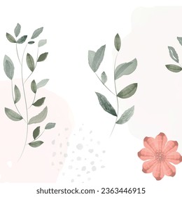 Set of luxury green leaves and flowers elements in watercolor and ink style. Aquarelle and line branches and blooming
