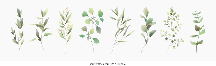 Set of luxury green leaves and flowers elements in watercolor style. Aquarelle trendy greenery branches and blooming. Vector isolated on white background for Invitation, greeting card, save the date.