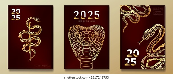 Set of luxury greeting cards with coiled gold snakes on red background and text - 2025 Happy new year, Merry Christmas. Year of the snake (Chinese horoscope or Oriental zodiac sign) invitation posters