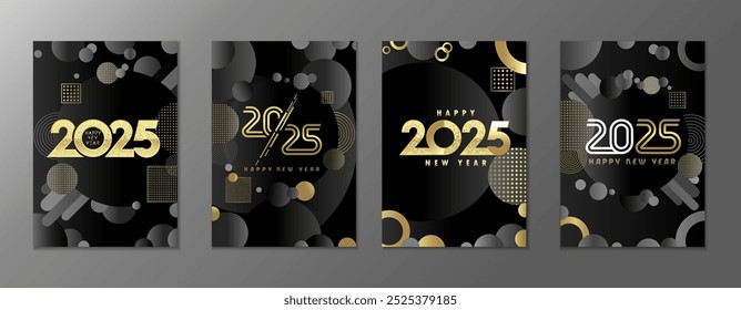 Set of luxury happy new year 2025 cards. Premium cover concept with golden mosaic numbers, round balls, lines and memphis style elements. Vector premium design calendar 2025
