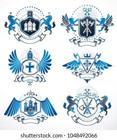 Set of luxury heraldic vector templates. Collection of vector symbolic blazons made using graphic elements, royal crowns, medieval castles, armory and religious crosses.