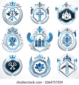 Set of luxury heraldic vector templates. Collection of vector symbolic blazons made using graphic elements, royal crowns, medieval castles, armory and religious crosses.