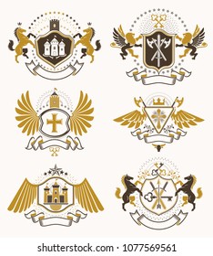 Set of luxury heraldic vector templates. Collection of vector symbolic blazons made using graphic elements, royal crowns, medieval castles, armory and religious crosses.