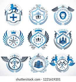 Set of luxury heraldic vector templates. Collection of vector symbolic blazons made using graphic elements, royal crowns, medieval castles, armory and religious crosses.
