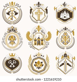 Set of luxury heraldic vector templates. Collection of vector symbolic blazons made using graphic elements, royal crowns, medieval castles, armory and religious crosses.