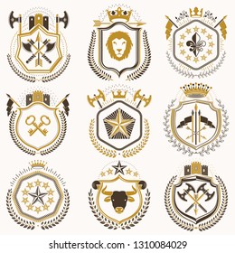 Set of luxury heraldic vector templates. Collection of vector symbolic blazons made using graphic elements, royal crowns, medieval castles, armory and religious crosses.