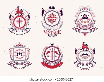 Conjunto de modelos vectoriales herálicos de lujo. Colección de blazones vectoriales simbólicas hechas con elementos gráficos, coronas reales, castillos medievales, armaduras y cruces religiosas.