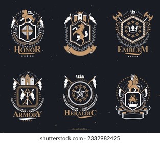 Set of luxury heraldic vector templates. Collection of vector symbolic blazons made using graphic elements, royal crowns, medieval castles, armory and religious crosses.