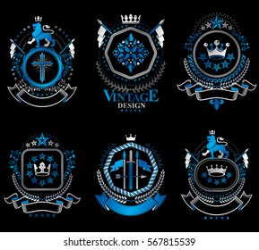 Set of luxury heraldic vector templates. Collection of vector symbolic blazons made using graphic elements, royal crowns, medieval castles, armory and religious crosses.
