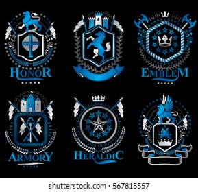 Set of luxury heraldic vector templates. Collection of vector symbolic blazons made using graphic elements, royal crowns, medieval castles, armory and religious crosses.