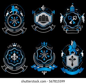 Set of luxury heraldic vector templates. Collection of vector symbolic blazons made using graphic elements, royal crowns, medieval castles, armory and religious crosses.