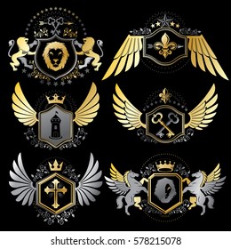 Set of luxury heraldic vector templates. Collection of vector symbolic blazons made using graphic elements, royal crowns, medieval castles, armory and religious crosses.