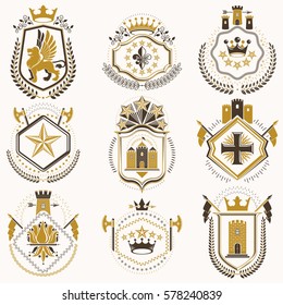 Set of luxury heraldic vector templates. Collection of vector symbolic blazons made using graphic elements, royal crowns, medieval castles, armory and religious crosses.