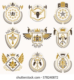 Set of luxury heraldic vector templates. Collection of vector symbolic blazons made using graphic elements, royal crowns, medieval castles, armory and religious crosses.