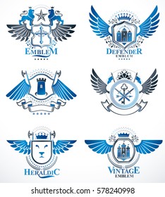 Set of luxury heraldic vector templates. Collection of vector symbolic blazons made using graphic elements, royal crowns, medieval castles, armory and religious crosses.