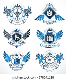 Set of luxury heraldic vector templates. Collection of vector symbolic blazons made using graphic elements, royal crowns, medieval castles, armory and religious crosses.