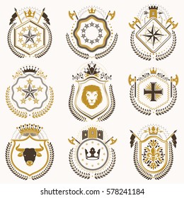 Set of luxury heraldic vector templates. Collection of vector symbolic blazons made using graphic elements, royal crowns, medieval castles, armory and religious crosses.