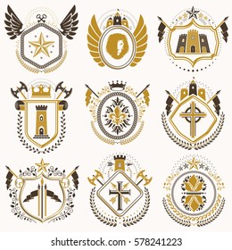 Set of luxury heraldic vector templates. Collection of vector symbolic blazons made using graphic elements, royal crowns, medieval castles, armory and religious crosses.