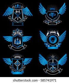Set of luxury heraldic vector templates. Collection of vector symbolic blazons made using graphic elements, royal crowns, medieval castles, armory and religious crosses.