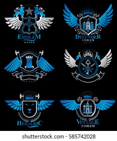 Set of luxury heraldic vector templates. Collection of vector symbolic blazons made using graphic elements, royal crowns, medieval castles, armory and religious crosses.