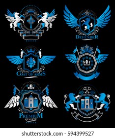 Set of luxury heraldic vector templates. Collection of vector symbolic blazons made using graphic elements, royal crowns, medieval castles, armory and religious crosses.