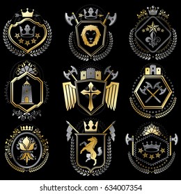 Set of luxury heraldic vector templates. Collection of vector symbolic blazons made using graphic elements, royal crowns, medieval castles, armory and religious crosses.