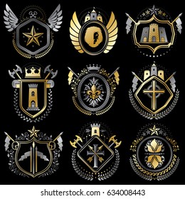 Set of luxury heraldic vector templates. Collection of vector symbolic blazons made using graphic elements, royal crowns, medieval castles, armory and religious crosses.