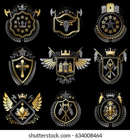 Set of luxury heraldic vector templates. Collection of vector symbolic blazons made using graphic elements, royal crowns, medieval castles, armory and religious crosses.