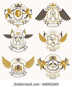 Set of luxury heraldic vector templates. Collection of vector symbolic blazons made using graphic elements, royal crowns, medieval castles, armory and religious crosses.