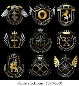 Set of luxury heraldic vector templates. Collection of vector symbolic blazons made using graphic elements, royal crowns, medieval castles, armory and religious crosses.