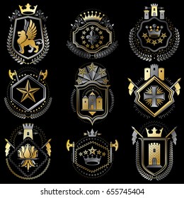 Set of luxury heraldic vector templates. Collection of vector symbolic blazons made using graphic elements, royal crowns, medieval castles, armory and religious crosses.