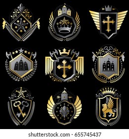 Set of luxury heraldic vector templates. Collection of vector symbolic blazons made using graphic elements, royal crowns, medieval castles, armory and religious crosses.