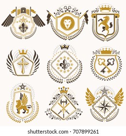 Set of luxury heraldic vector templates. Collection of vector symbolic blazons made using graphic elements, royal crowns, medieval castles, armory and religious crosses.