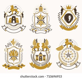 Set of luxury heraldic vector templates. Collection of vector symbolic blazons made using graphic elements, royal crowns, medieval castles, armory and religious crosses.