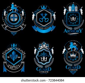 Set of luxury heraldic vector templates. Collection of vector symbolic blazons made using graphic elements, royal crowns, medieval castles, armory and religious crosses.