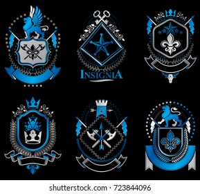 Set of luxury heraldic vector templates. Collection of vector symbolic blazons made using graphic elements, royal crowns, medieval castles, armory and religious crosses.