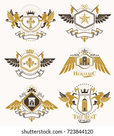 Set of luxury heraldic vector templates. Collection of vector symbolic blazons made using graphic elements, royal crowns, medieval castles, armory and religious crosses.