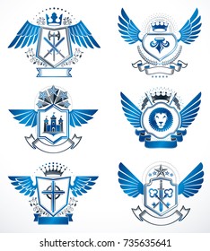 Set of luxury heraldic vector templates. Collection of vector symbolic blazons made using graphic elements, royal crowns, medieval castles, armory and religious crosses.