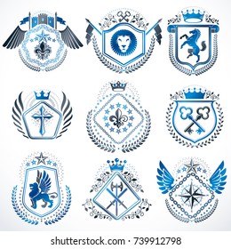 Set of luxury heraldic vector templates. Collection of vector symbolic blazons made using graphic elements, royal crowns, medieval castles, armory and religious crosses.
