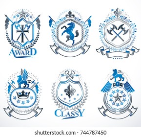Set of luxury heraldic vector templates. Collection of vector symbolic blazons made using graphic elements, royal crowns, medieval castles, armory and religious crosses.