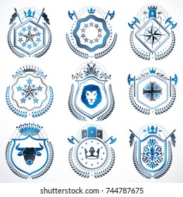 Set of luxury heraldic vector templates. Collection of vector symbolic blazons made using graphic elements, royal crowns, medieval castles, armory and religious crosses.