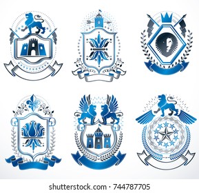 Set of luxury heraldic vector templates. Collection of vector symbolic blazons made using graphic elements, royal crowns, medieval castles, armory and religious crosses.