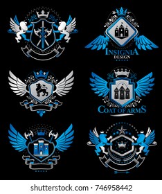 Set of luxury heraldic vector templates. Collection of vector symbolic blazons made using graphic elements, royal crowns, medieval castles, armory and religious crosses.