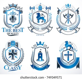 Set of luxury heraldic vector templates. Collection of vector symbolic blazons made using graphic elements, royal crowns, medieval castles, armory and religious crosses.
