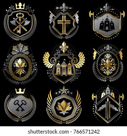 Set of luxury heraldic vector templates. Collection of vector symbolic blazons made using graphic elements, royal crowns, medieval castles, armory and religious crosses.