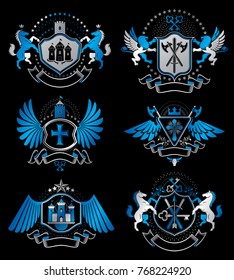 Set of luxury heraldic vector templates. Collection of vector symbolic blazons made using graphic elements, royal crowns, medieval castles, armory and religious crosses.